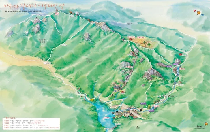 입체지도-위에-명성산-등산코스가-그려져-있다.