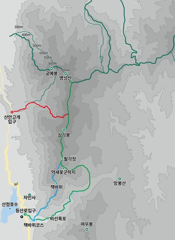 지도-위에-명성산-등산코스-및-주요-명소가-표시되어-있다.