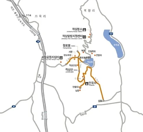 지도에-적상산-등산코스-및-주요-포인트가-표시되어-있다.