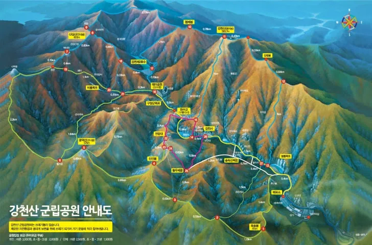 강천산-등산코스-및-포인트가-지도-위에-그려져-있다.