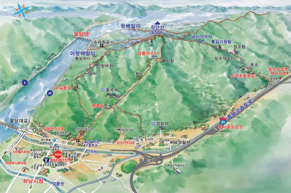 검단산-등산코스-및-주요-기점이-지도에-그려져-있다.