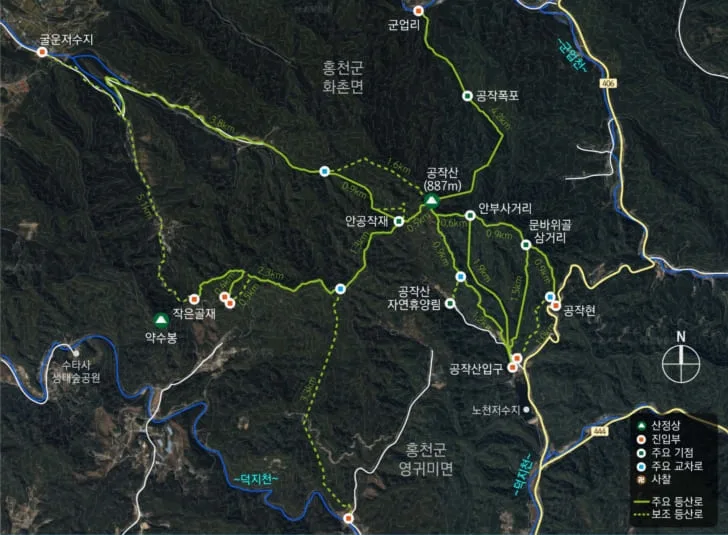 공작산-등산코스-및-기점이-지도에-그려져-있다.