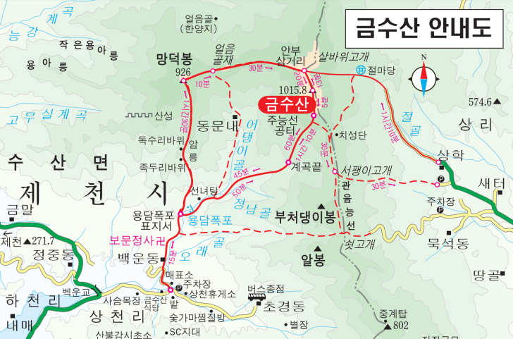 지도에-금수산-등산코스-및-명소가-표시되어-있다.