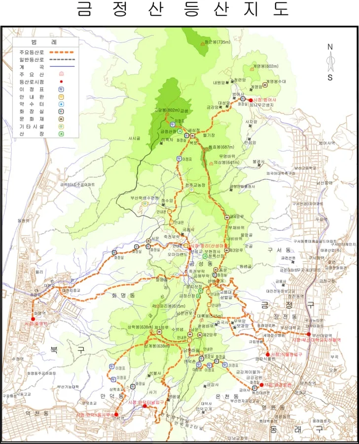 금정산-등산코스-및-명소가-지도에-표시되어-있다.