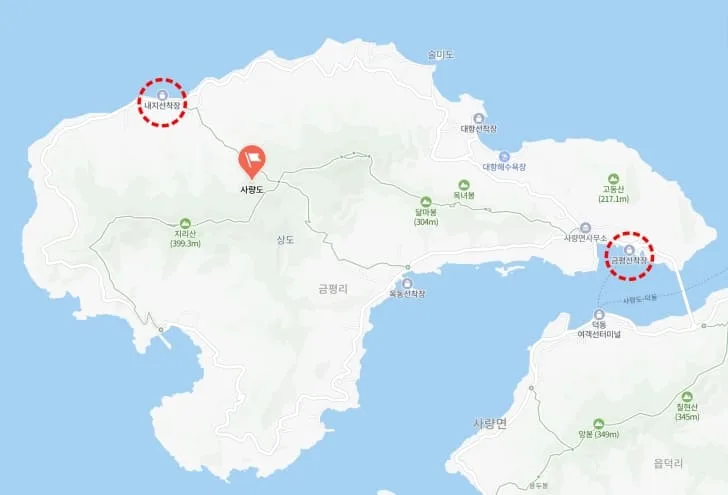 사량도-내지선착장-및-금평선착장-위치가-지도에-표시되어-있다.
