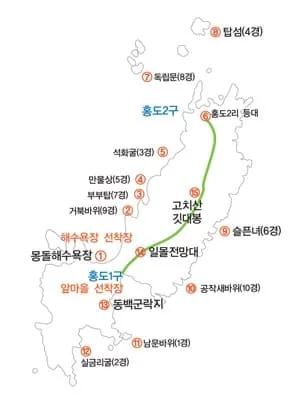 깃대봉-등산코스-및-주요-명소가-지도에-그려져-있다.