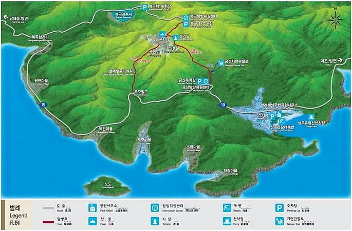 남해-금산-등산코스-및-명소가-지도로-그려져-있다.