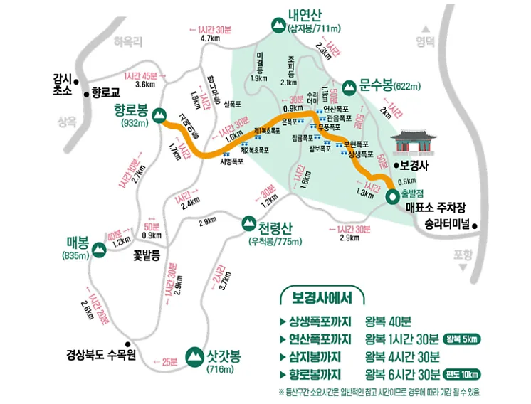 내연산-등산코스-및-기점이-지도에-그려져-있다.