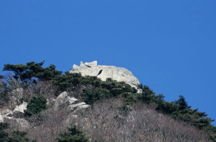 산등성이에-거대하고-하얀-바위가-놓여있다.
