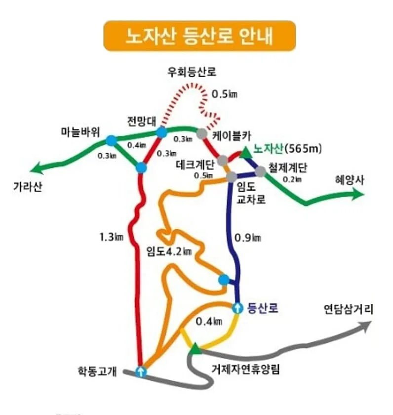 노자산-등산코스-및-기점이-지도에-그려져-있다.