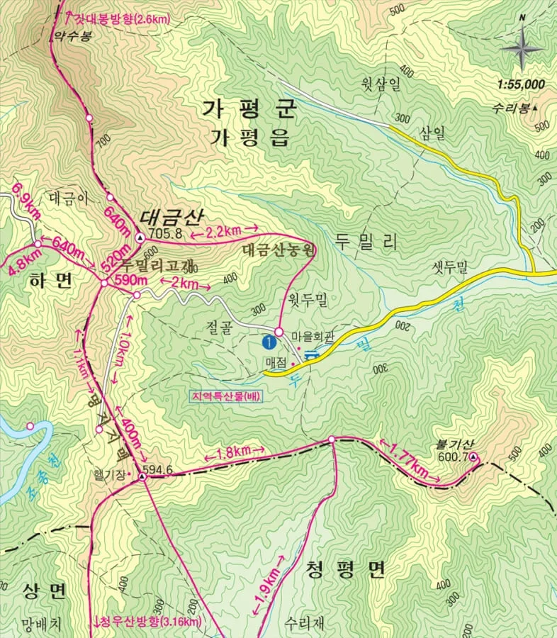 지도에-가평-대금산-등산코스-및-기점이-적혀있다.