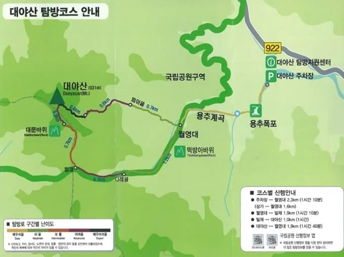 지도에-대야산-등산코스-및-명소가-표시되어-있다.