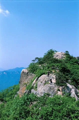 등산객들이-대야산-정상-암릉을-오르고-있다.