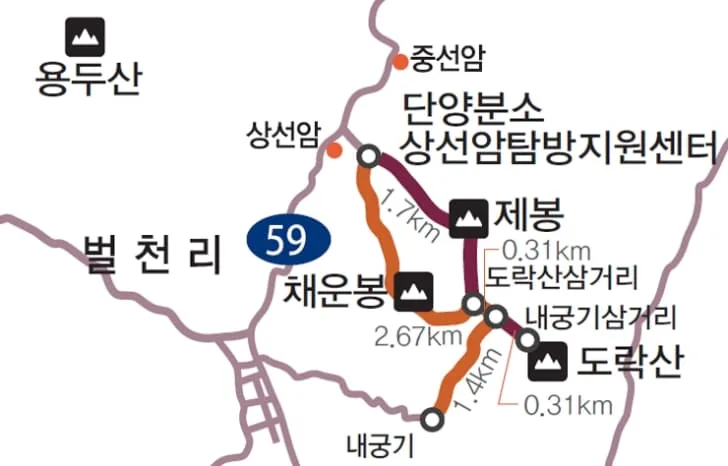 도락산-등산코스-및-주요-포인트가-지도에-적혀있다.