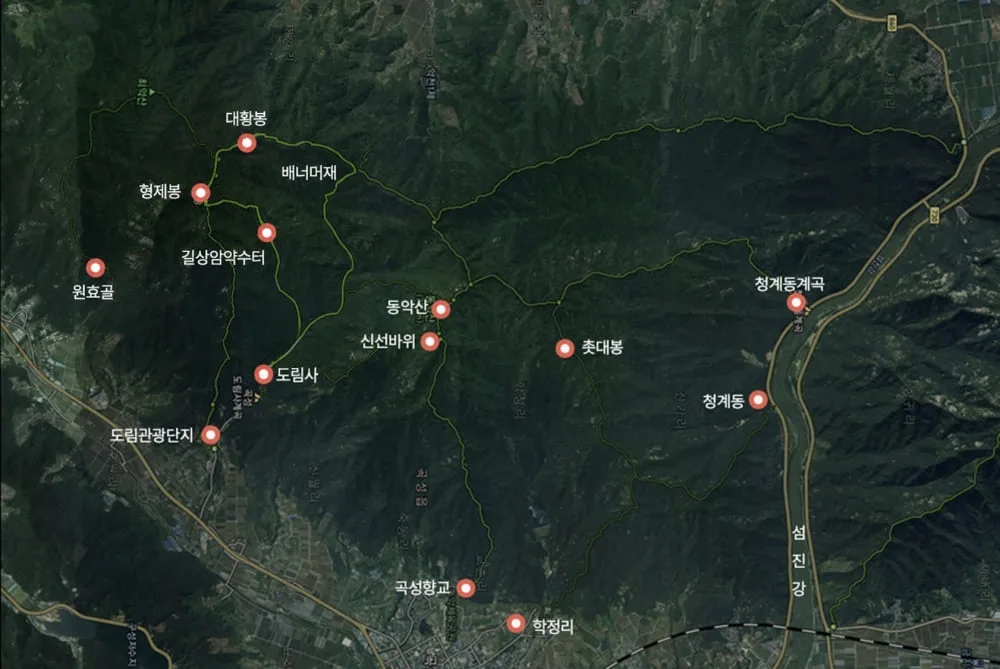 동악산-등산코스-및-주요-기점이-지도에-적혀있다.