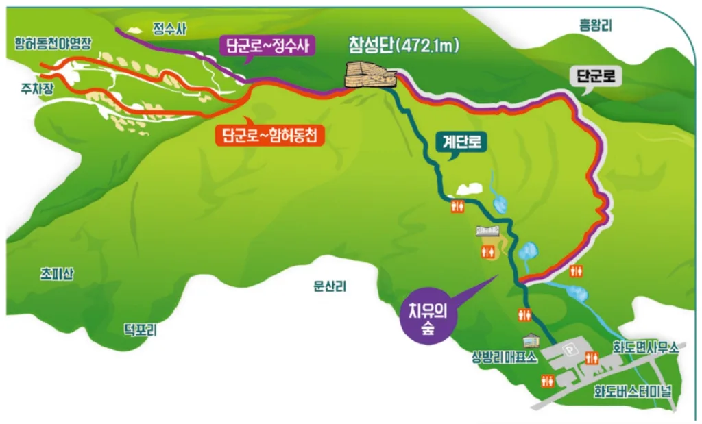 지도에-마니산-등산코스-및-명소가-표시되어-있다.