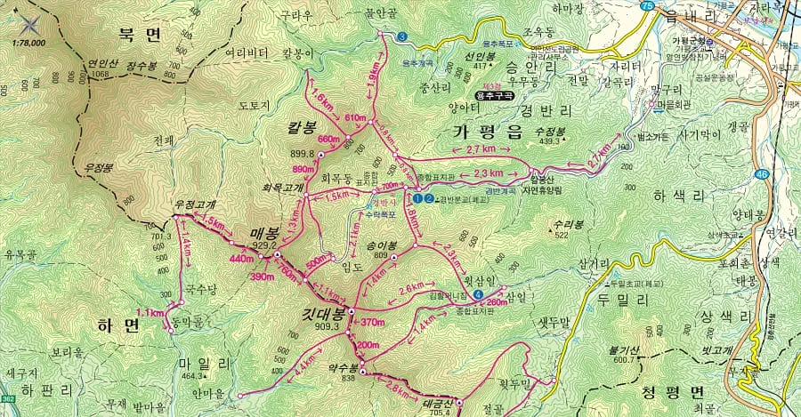 매봉-깃대봉-칼봉-부근의-등산코스가-그려진-지도