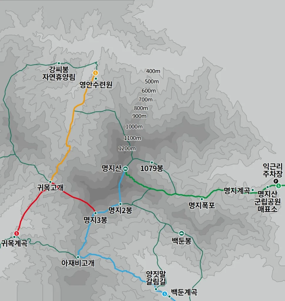 명지산-등산코스-및-기점이-지도에-그려져-있다.