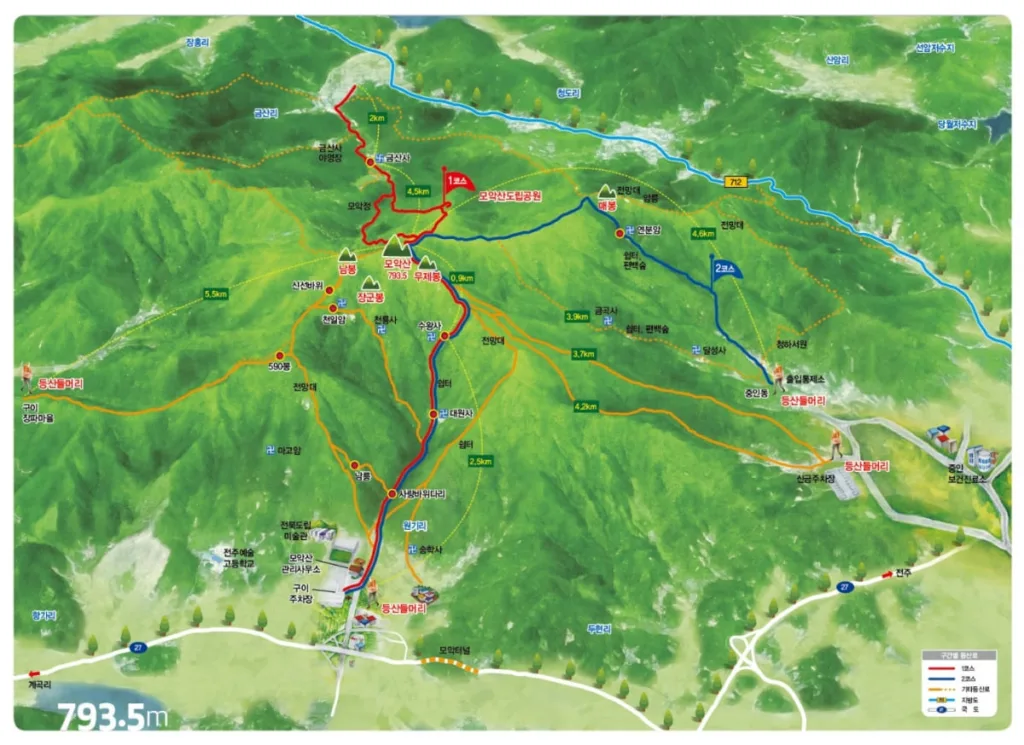 모악산-등산코스-및-주요-명소가-지도에-그려져-있다.