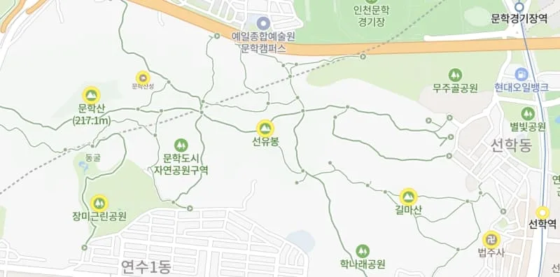 지도에-문학산-등산코스-주요-기점이-표시되어-있다.