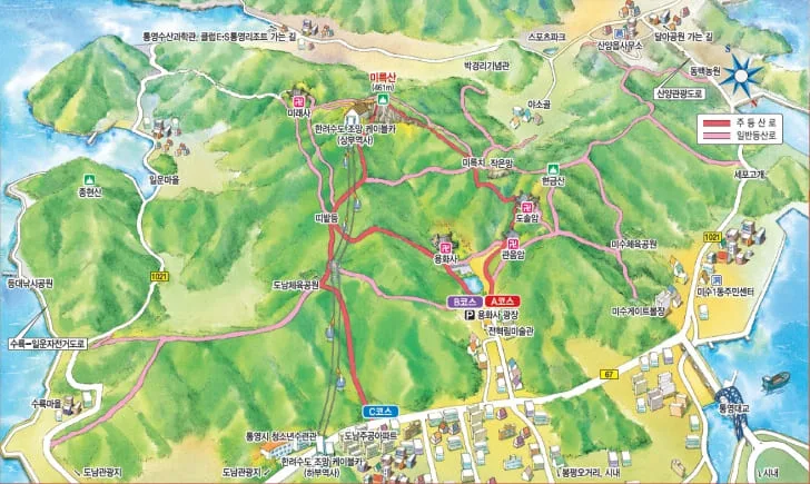미륵산-등산코스-및-주요-포인트가-그려진-지도