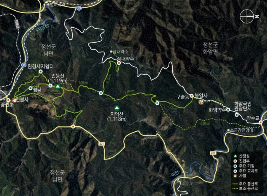 민둥산-등산코스-및-기점이-지도에-적혀있다.