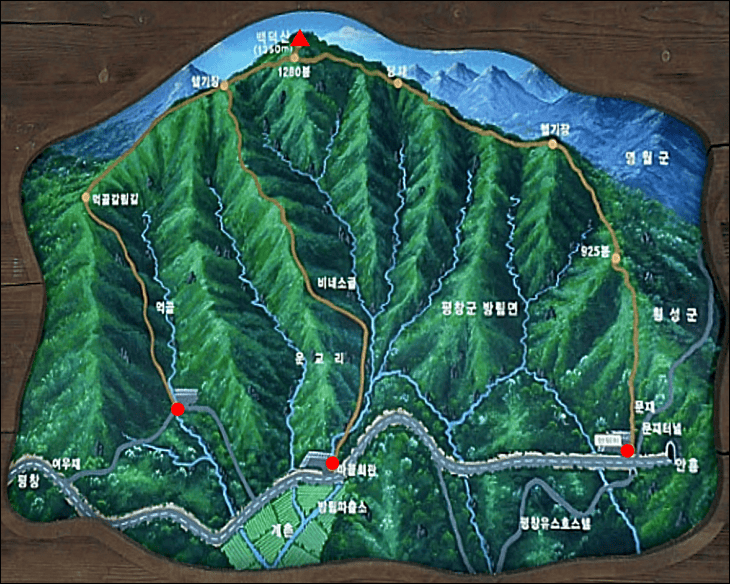 평창-방면의-백덕산-등산코스가-지도에-그려져-있다.