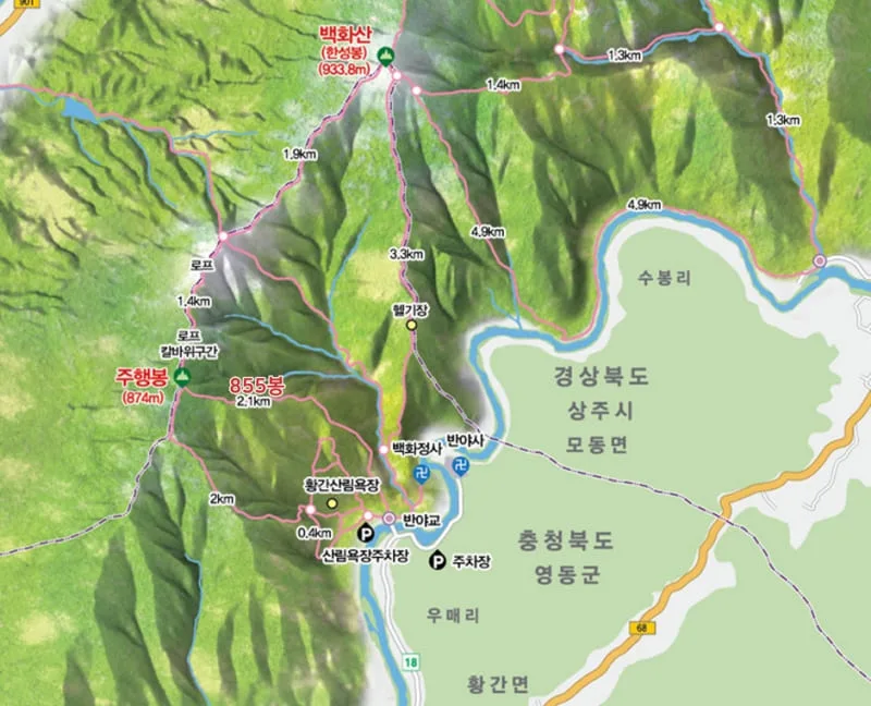 백화산-등산코스-및-기점이-지도에-그려져-있다.
