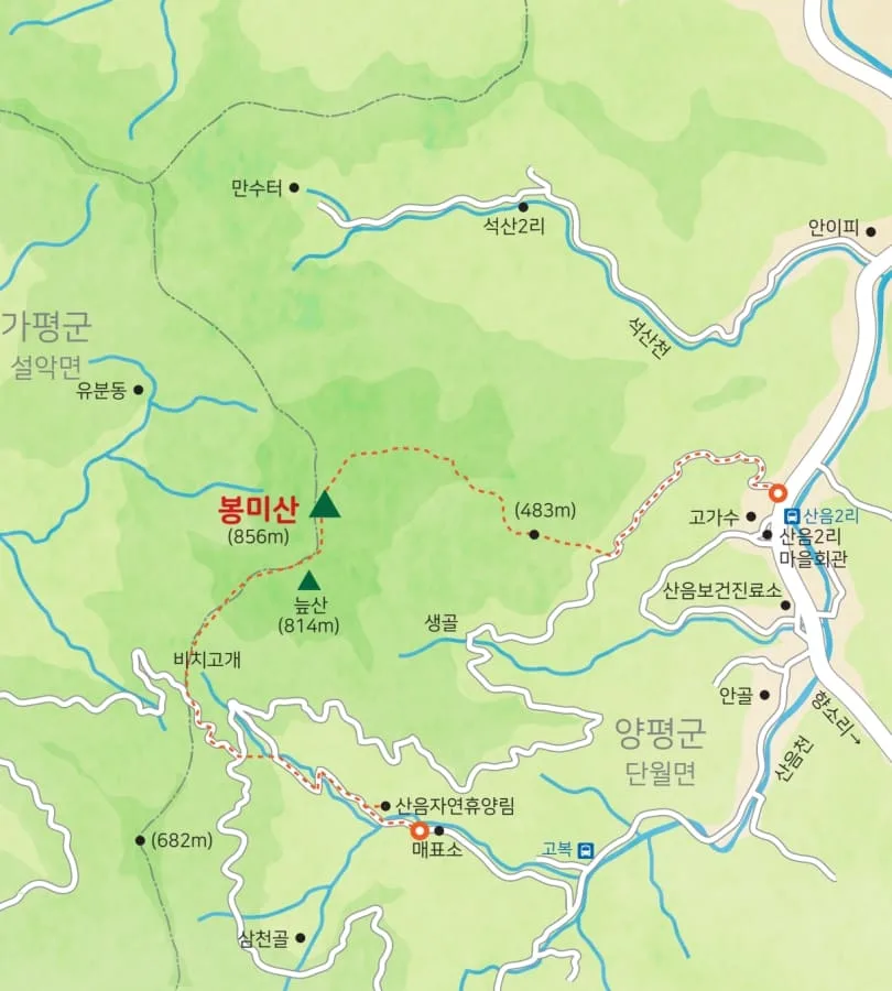 봉미산-등산코스-및-기점이-지도에-그려져-있다.