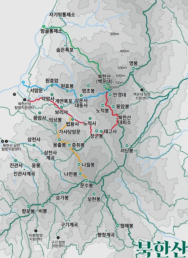 북한산-등산코스-및-기점이-지도에-표시되어-있다.