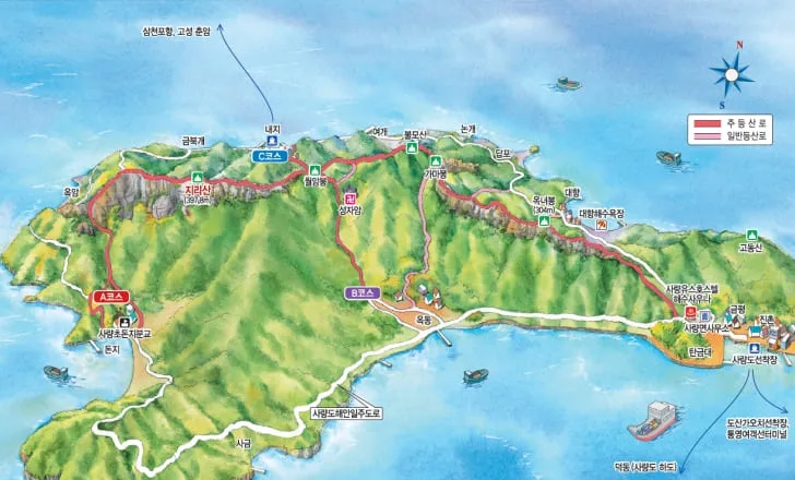 사량도-지리산-등산코스-및-명소가-지도에-그려져-있다.