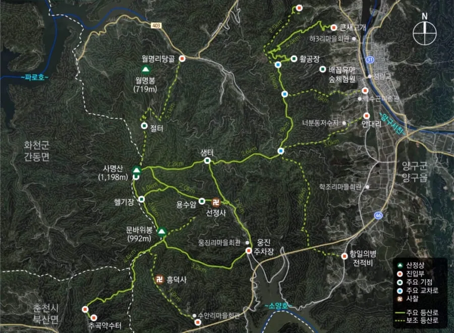 사명산-등산코스-및-기점이-지도에-그려져-있다.