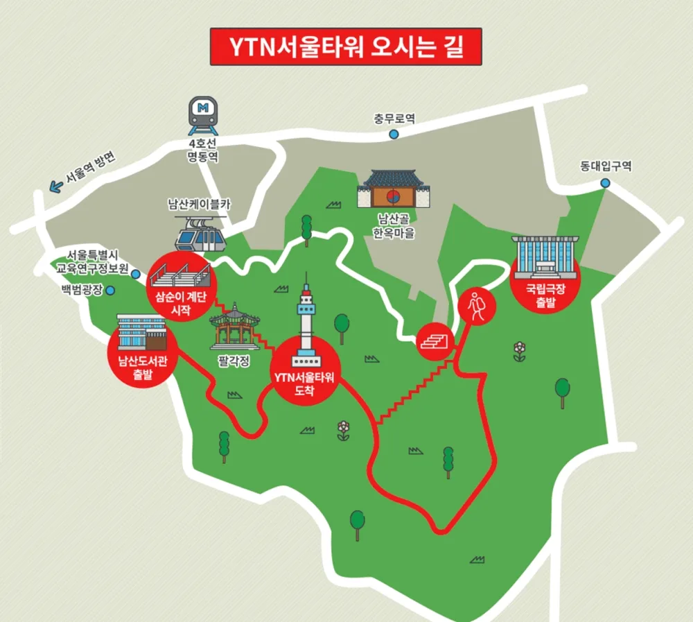 서울-남산-등산코스-및-기점이-지도에-그려져-있다.