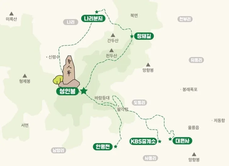 울릉도-성인봉-등산코스-및-주요-포인트가-지도에-그려져-있다.