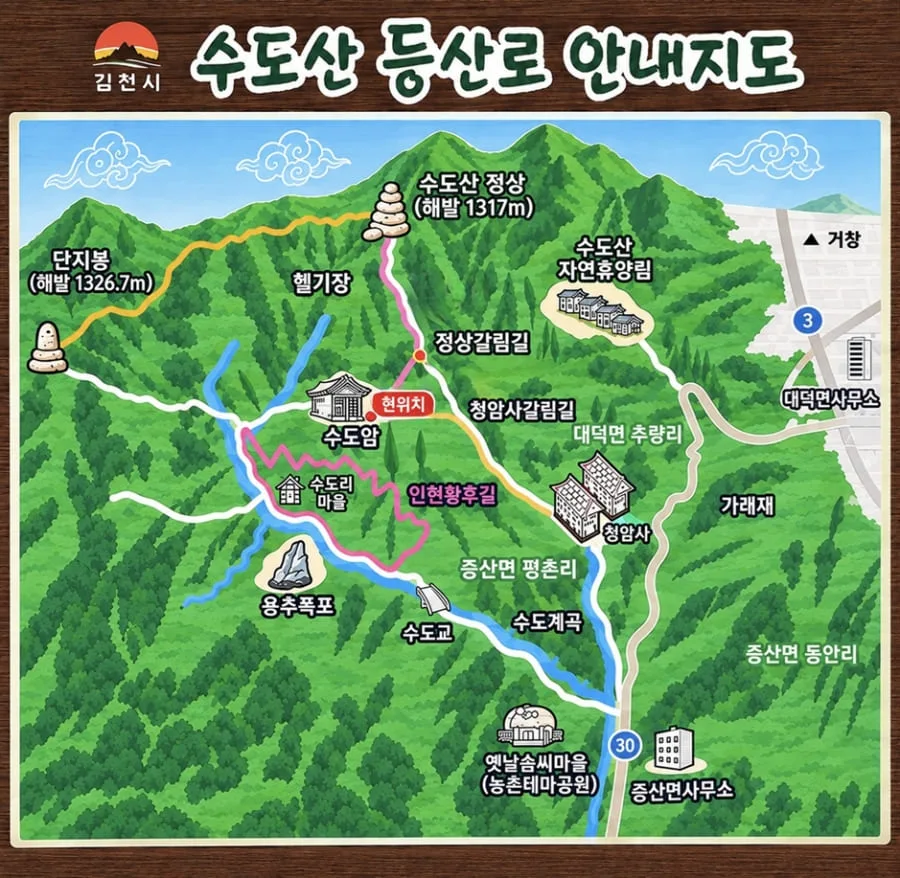 수도산-등산코스-및-주요-기점이-지도에-적혀있다.