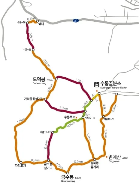수통골-분소-등산코스가-지도에-그려져-있다.