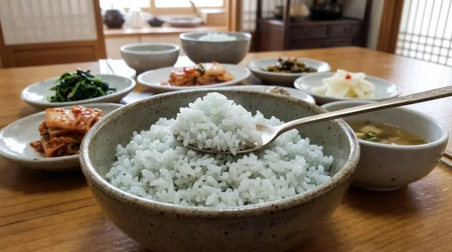 푸른빛이-도는-밥을-숟가락으로-뜨고-있다.