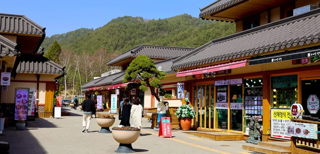 관광객들이-오대산-먹거리마을을-둘러보고-있다.