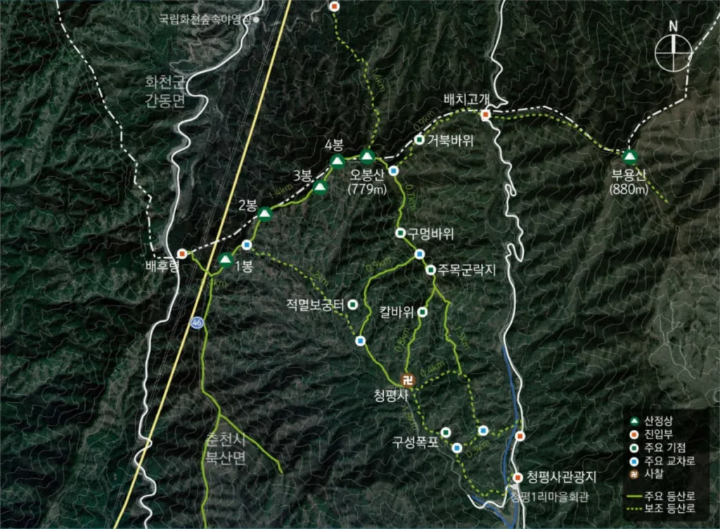 오봉산-등산코스와-기점이-지도에-그려져-있다.