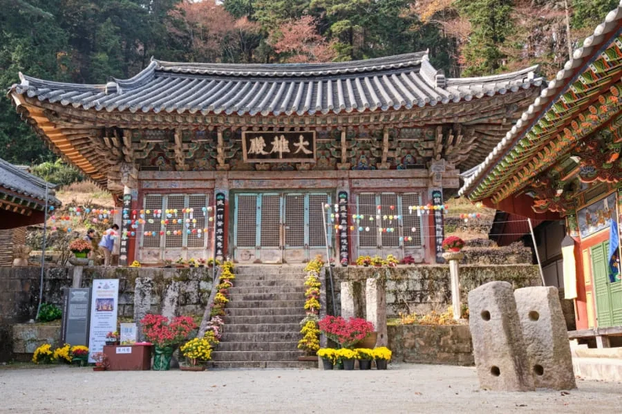 옥천사-대웅전-앞에-꽃과-등이-여럿-놓여있다.