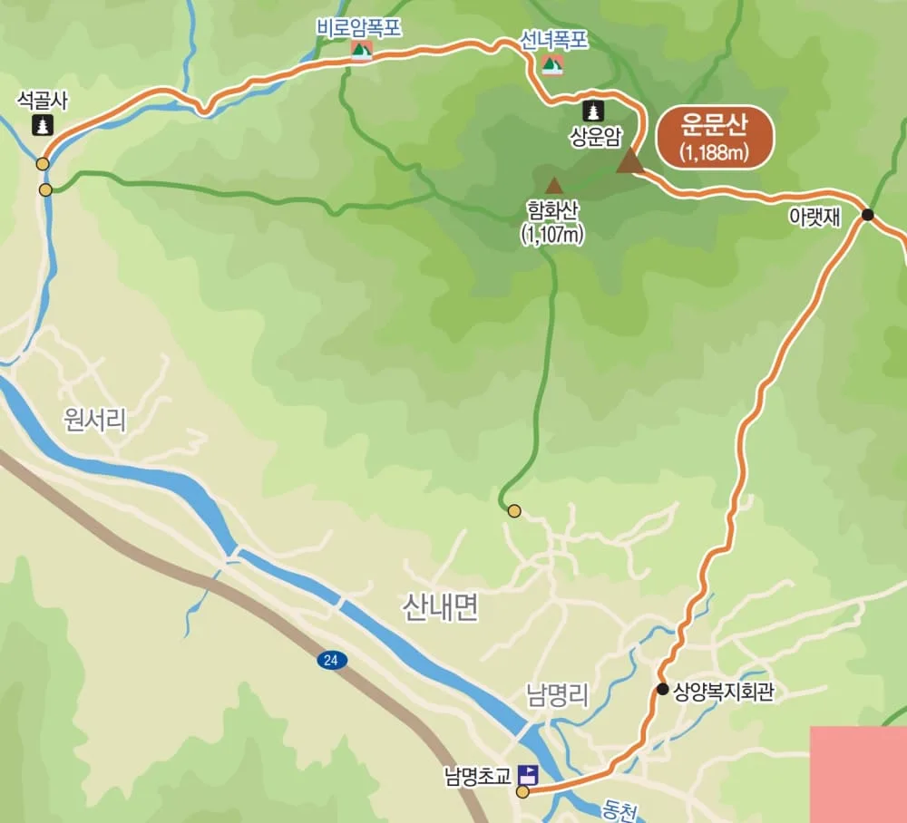 운문산-등산지도-및-기점이-지도에-그려져-있다.