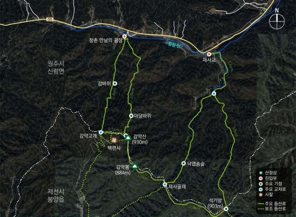 원주-감악산-등산코스-및-주요-기점이-지도에-그려져-있다.