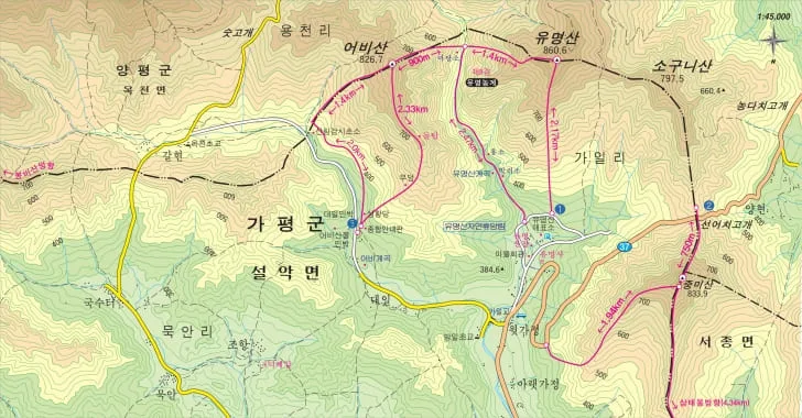 유명산-소구니산-어비산-중미산-등의-등산코스가-지도에-이어져-있다.