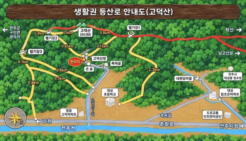고덕산-등산코스-및-기점이-지도에-그려져-있다.