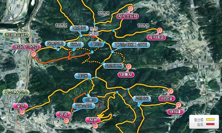 진주-방면-방어산-등산코스가-지도에-표시되어-있다.