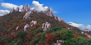 단풍-사이에-천관산-정상이-드러나-있다.