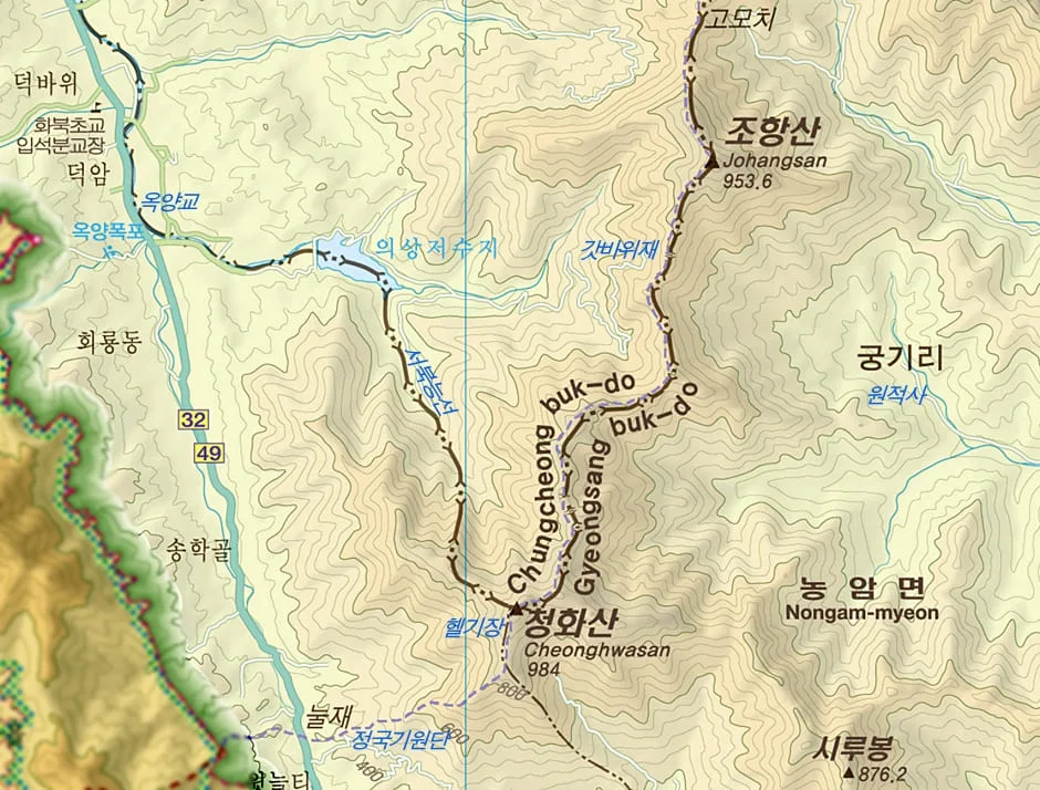 청화산-등산코스-및-주요-기점이-지도에-그려져-있다.