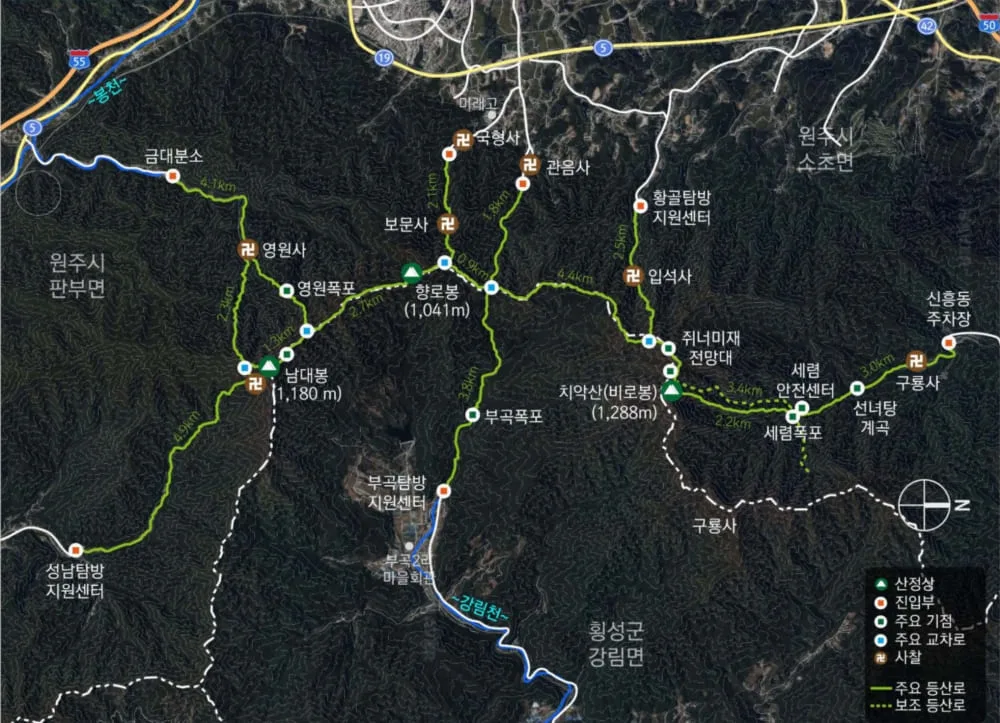 치악산-등산코스-및-기점이-지도에-표시되어-있다.