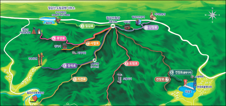 칠갑산-등산지도-위에-여러가지-등산로가-그려져-있다.
