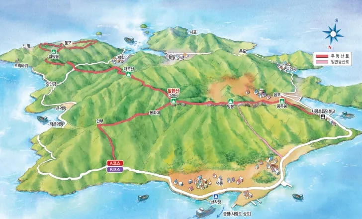 사량도-하도-칠현산-등산코스-및-명소가-지도에-그려져-있다.